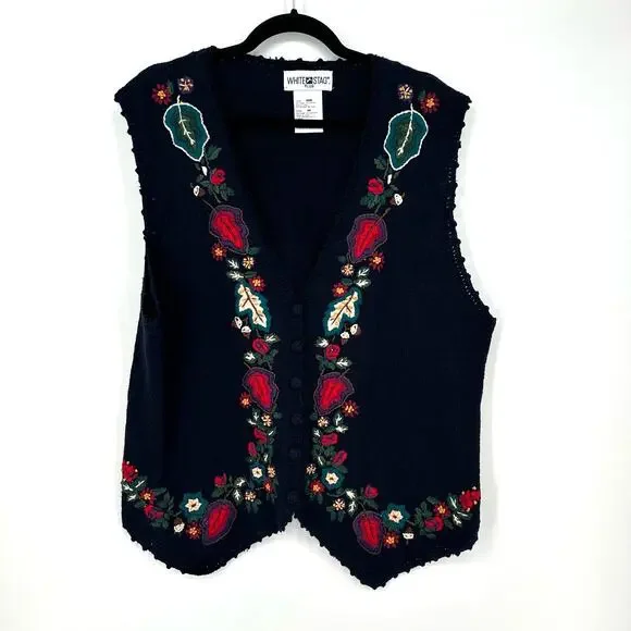 90s Vintage Sweater Vest Womens XL Navy Blue Floral Cottage Cabin Embroidered - Picture 5 of 7